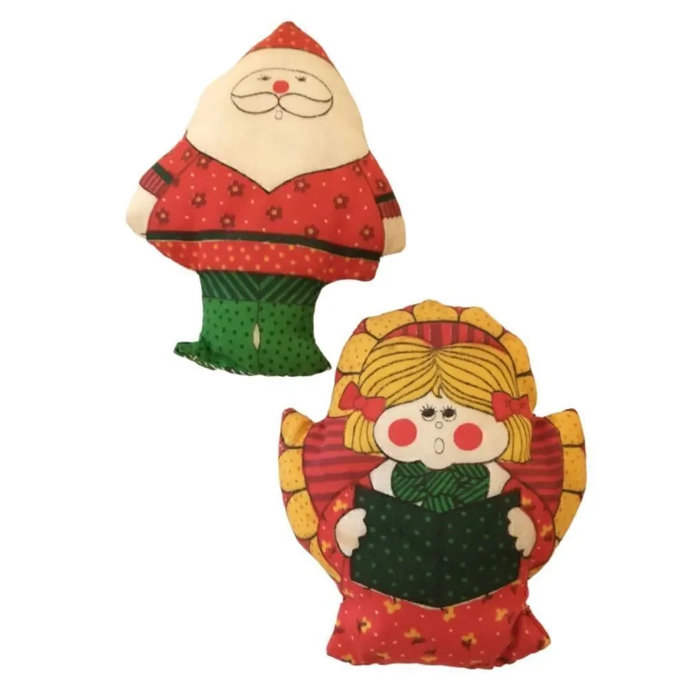 Vtg 80s Christmas Stuffed Ornament Lot‎ of 2 Fabric Handmade Angel Santa Claus.